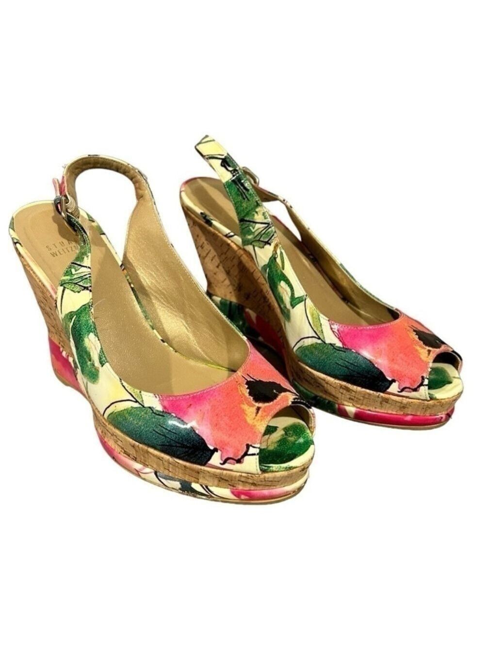 Floral Peep-Toe Wedge Slingback Heels - Pink & Green